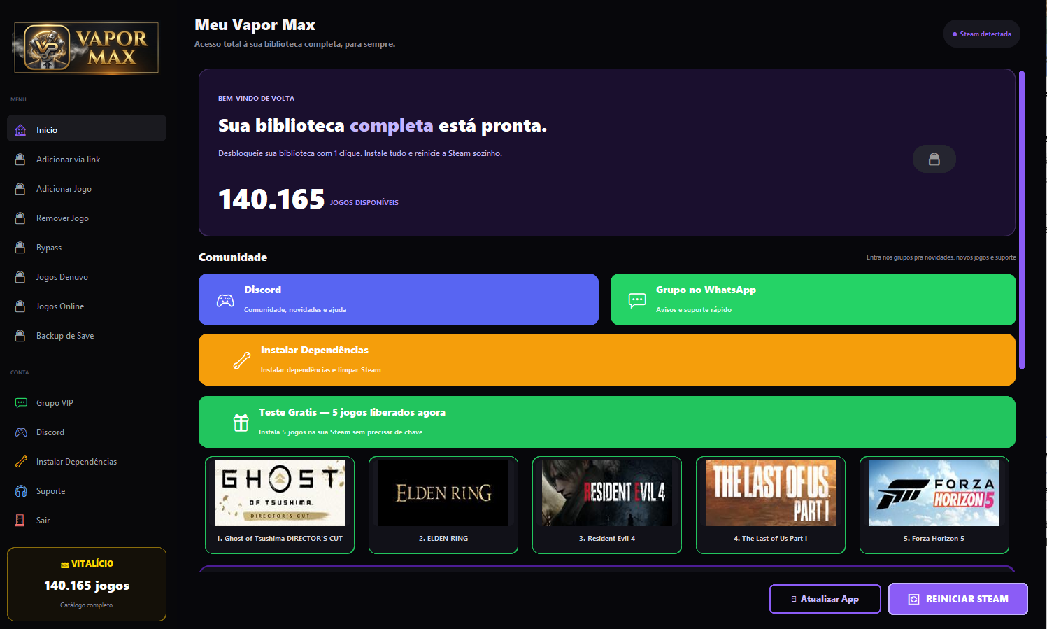Interface do Vapor Max — biblioteca completa disponível