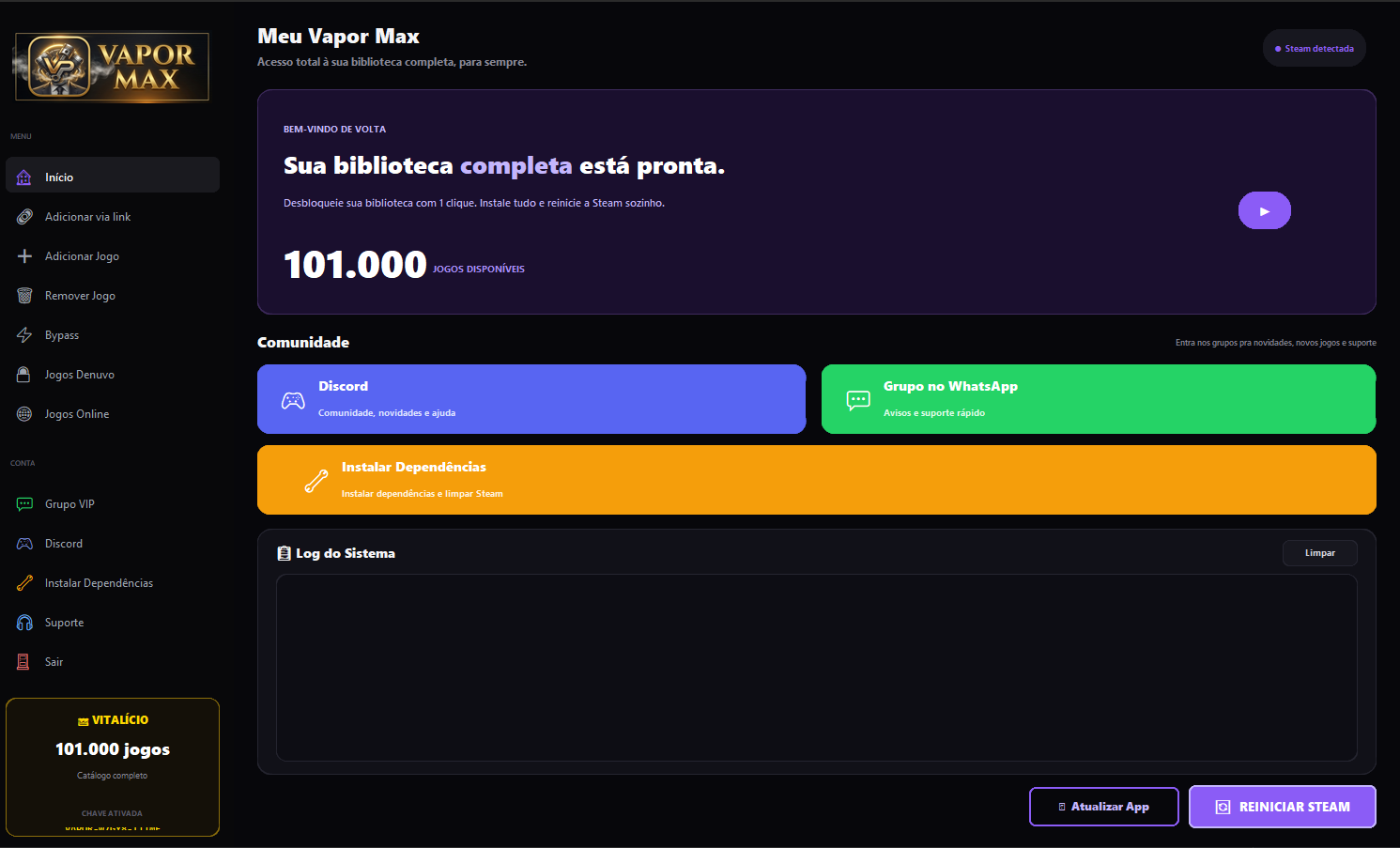 Interface do Vapor Max — 101.000 jogos disponíveis